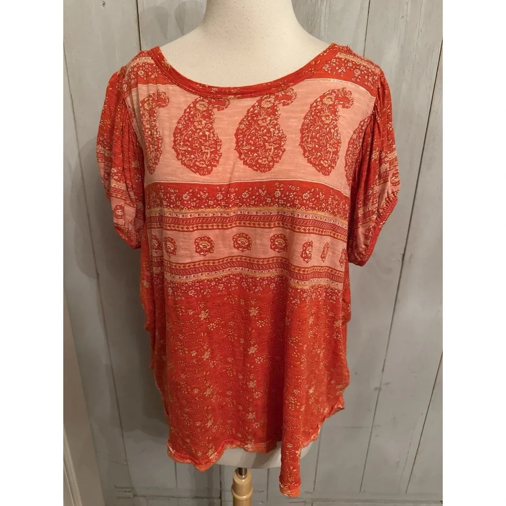 Free People Fruit Punch Combo Top S Paisley Boho Puff‎ Sleeves Oversized Red